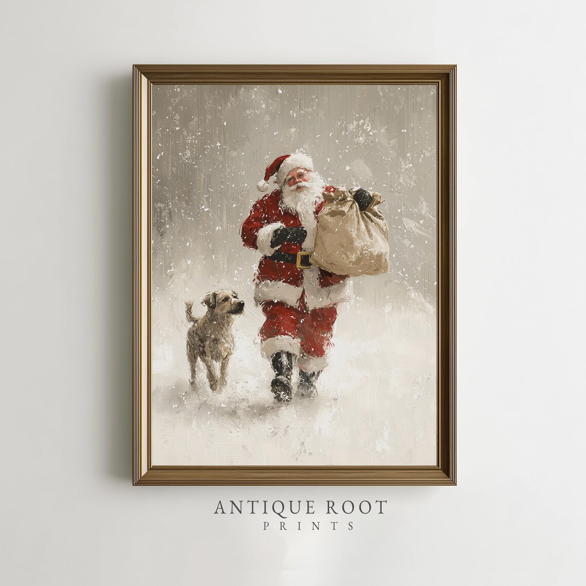 Santa Claus Snowy Night Toy Sack Dog Vintage Christmas Art Poster