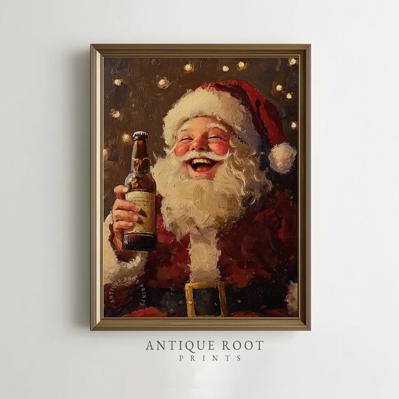 Santa Laughing With Beer Bottle Poster Vintage Christmas Oil Painting