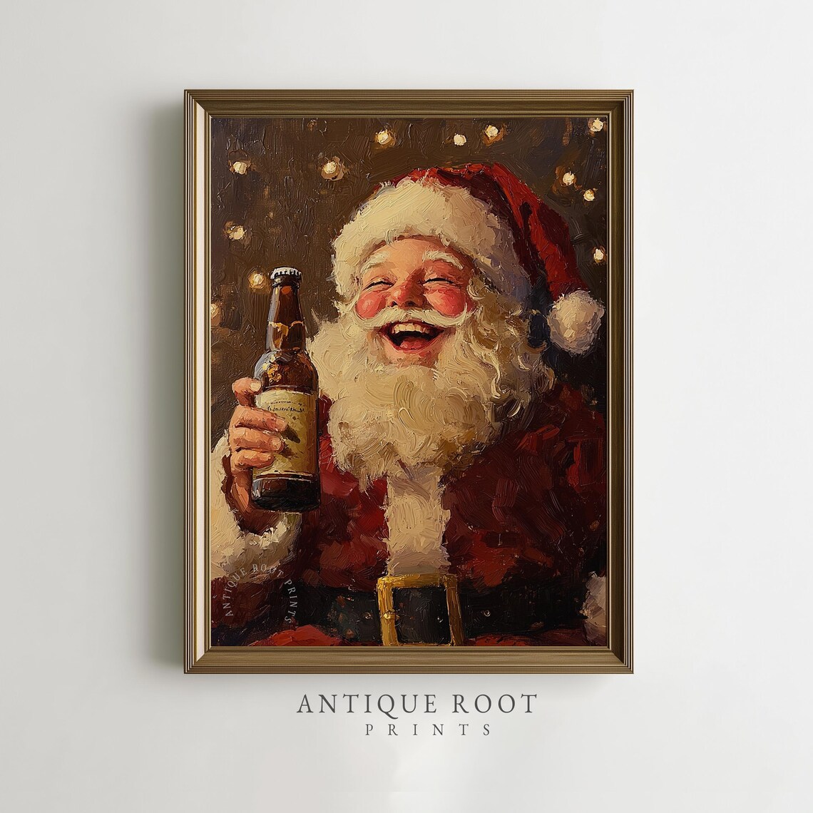 Santa Laughing With Beer Bottle Poster Vintage Christmas Oil Painting