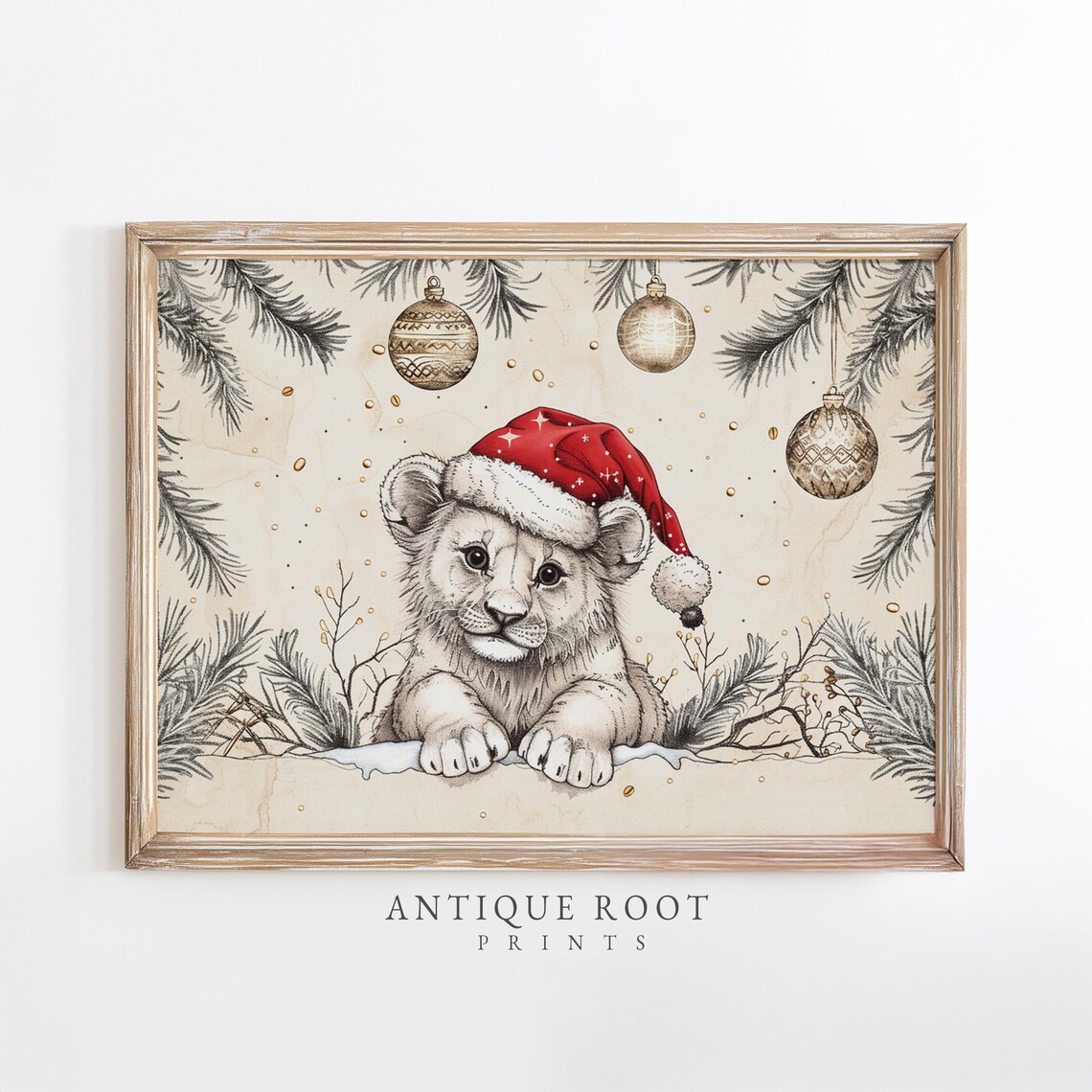 Baby Lion Cub Santa Hat Christmas Ornaments Pencil Sketch Poster
