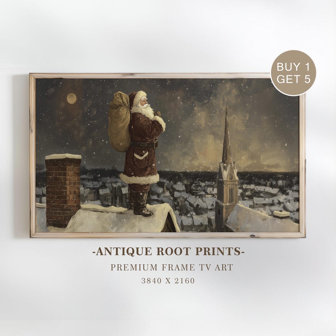 Santa Claus Snowy Rooftop Toy Sack Night Christmas Eve Poster
