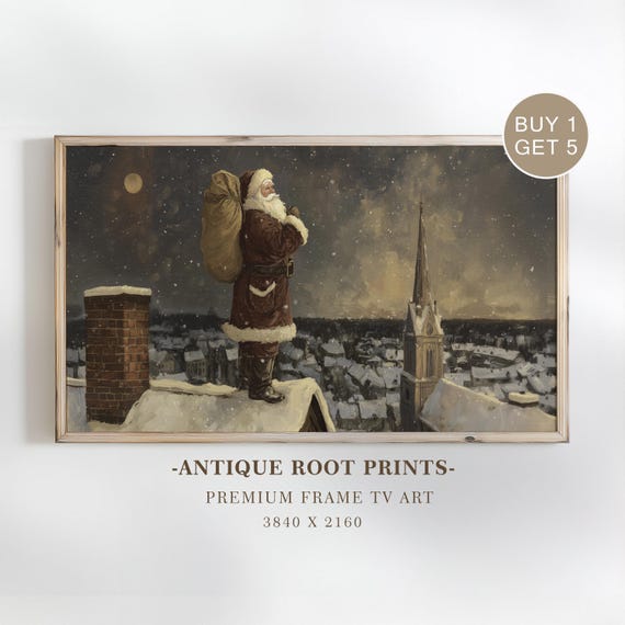 Santa Claus Samsung Frame Tv Art Vintage Winter Scene Festive Holiday Decor Antique Illustration For 49