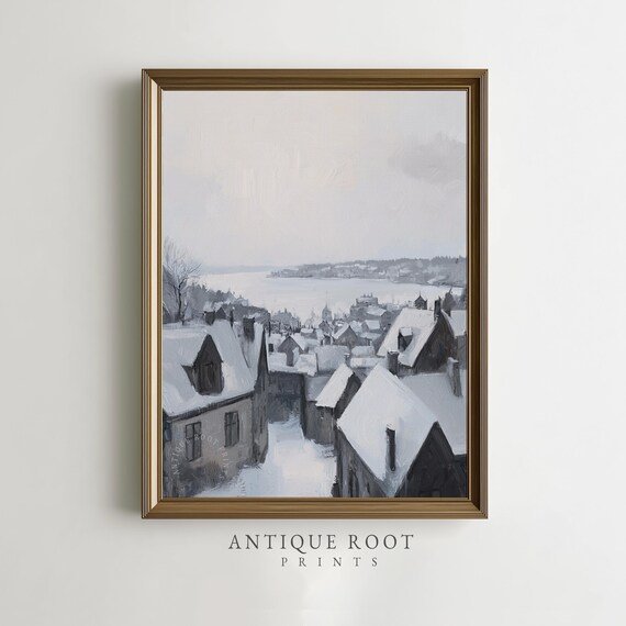 Snowcovered Village Rooftops Wall Art Cozy Winter Scene Moody Impressionist Painting Serene Decor Artwork 83