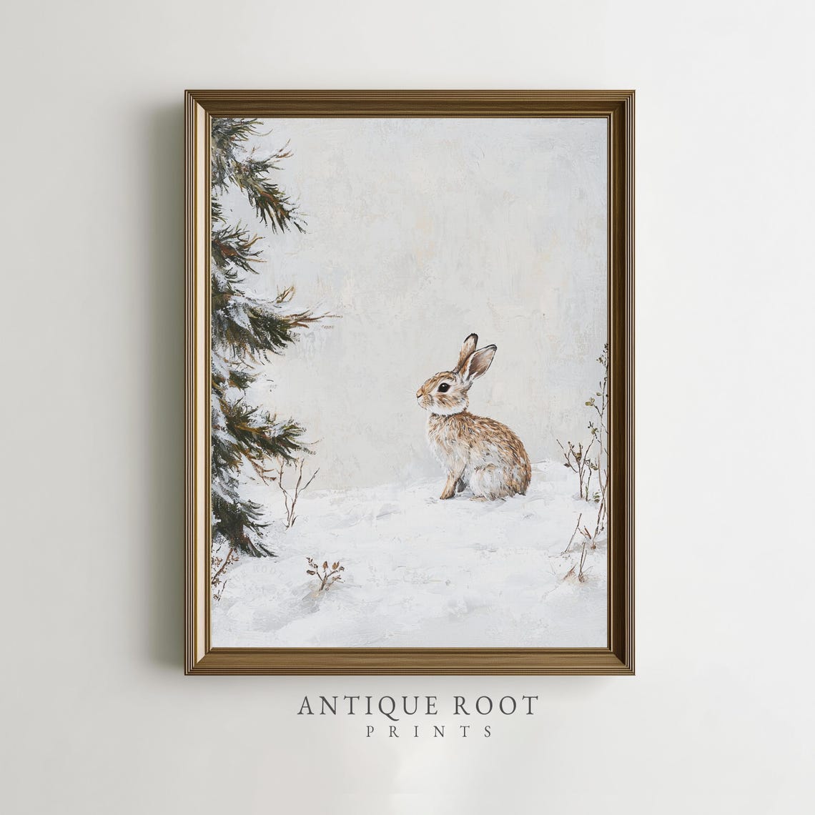 Cute Brown Rabbit in Fresh Snow Winter Woodland Scene Poster