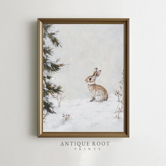Winter Wall Art Cute Rabbit In Snowy Landscape Cozy Rustic Decor Serene Artwork Print 223