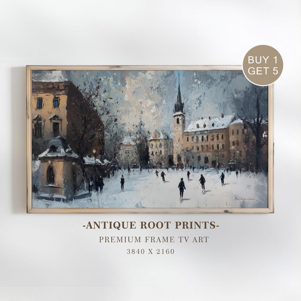 Snowy Old Town Square Church Spire Figures Impressionist Winter Print