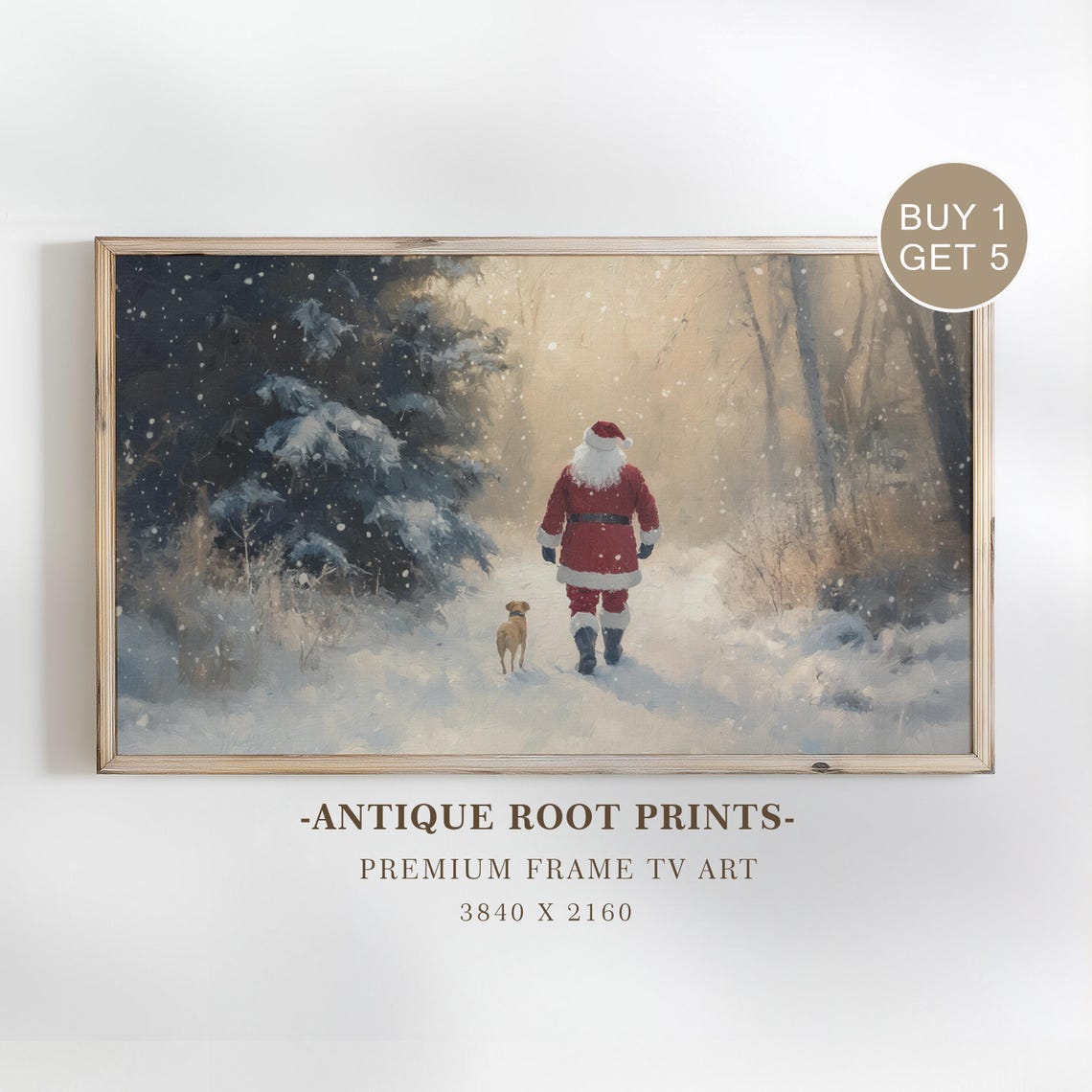 Santa Claus Walking With Dog In Snowy Forest Winter Art Poster