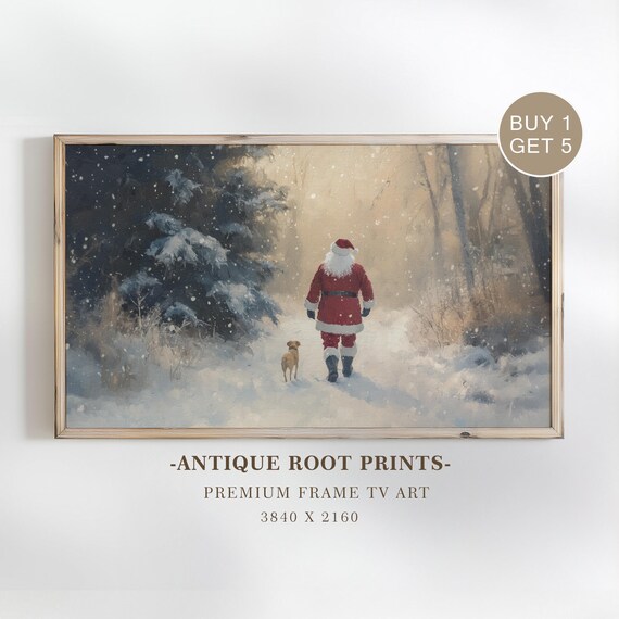 Santa Claus Walking With Dog In Snowy Forest Winter Art Poster