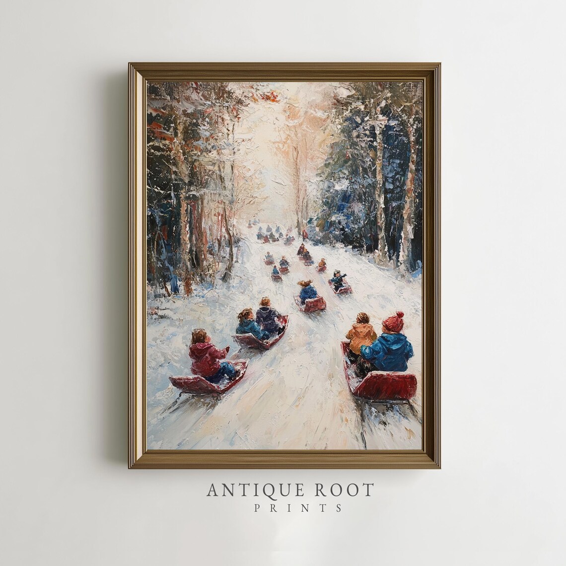 Children Sledding Down Snowy Hill Vintage Winter Scene Art Poster