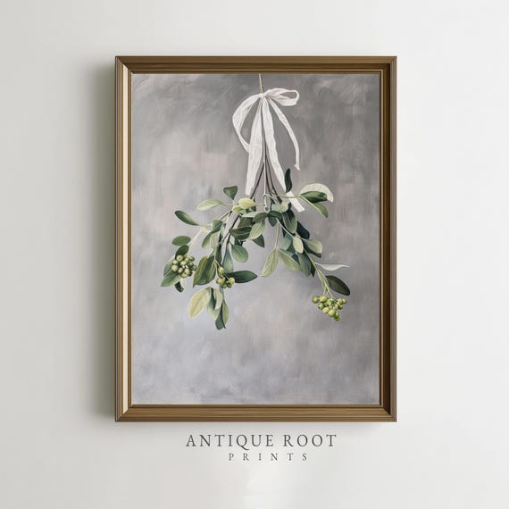 Christmas Mistletoe Botanical Print Watercolor Minimalist Holiday Decor Neutral Farmhouse Wall Art Festive