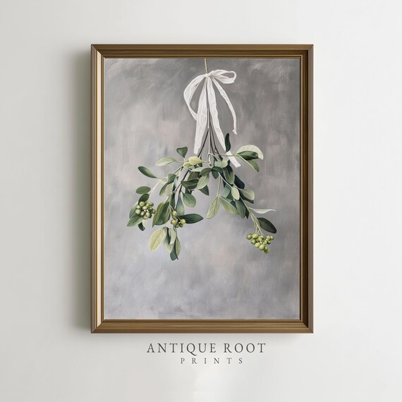Hanging Mistletoe Botanical Gray Watercolor Vintage Christmas Print