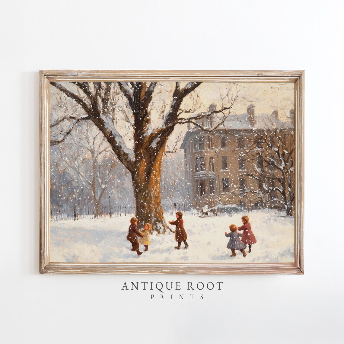 Children Playing Snow Winter Village Vintage Oil Painting Art Poster