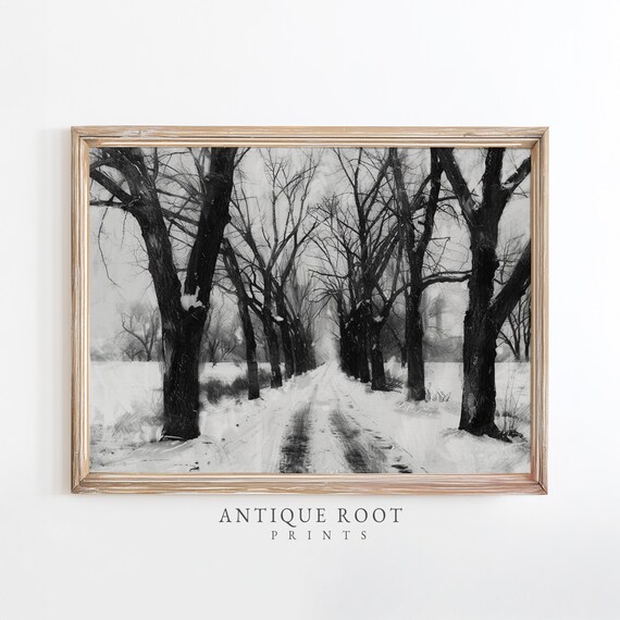 Snowy Road With Trees Moody Rustic Farmhouse Winter Landscape Black And White Art Realistic Painting Instant 144