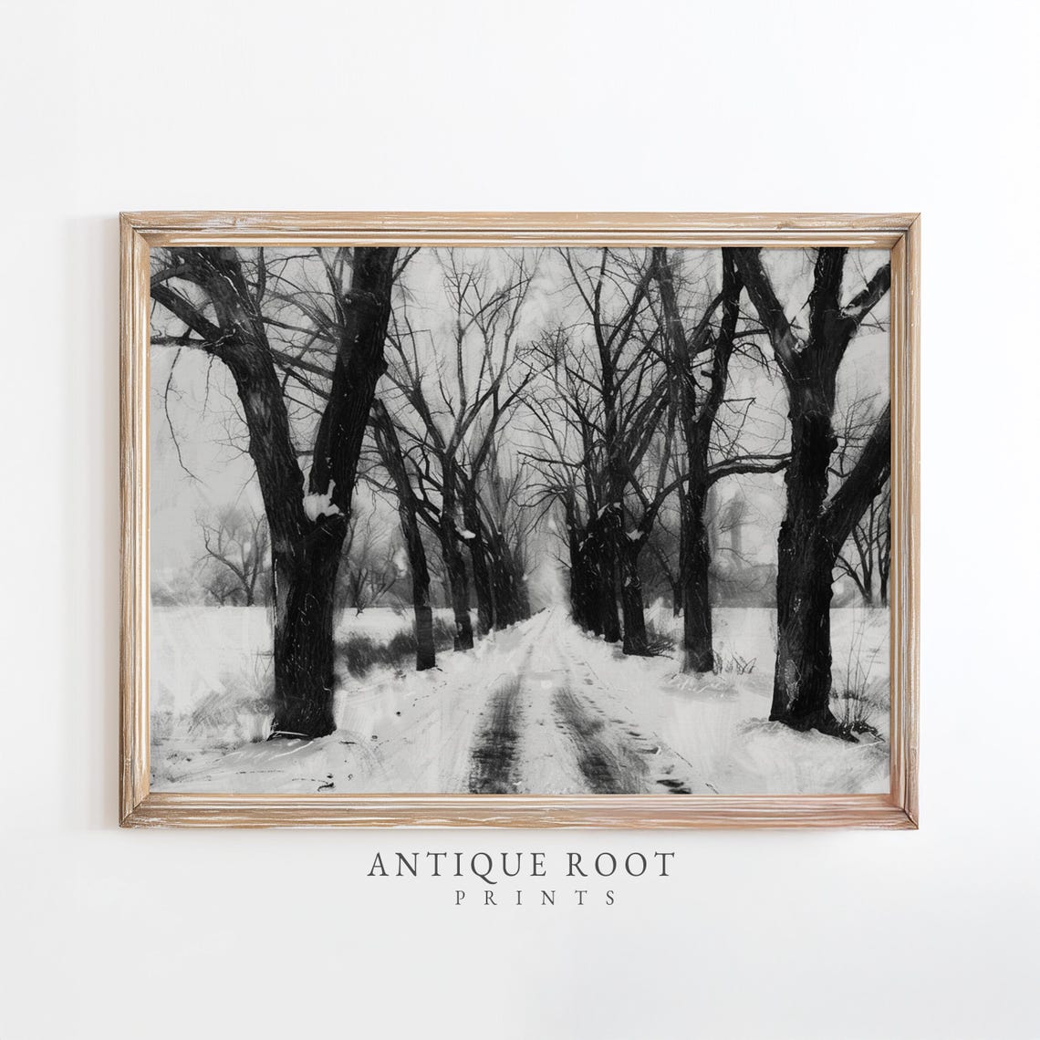 Snowy Tree Lined Country Road Black and White Winter Art Print