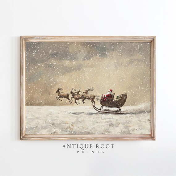 Santa Sleigh Reindeer Flying Over Snow Vintage Christmas Night Print