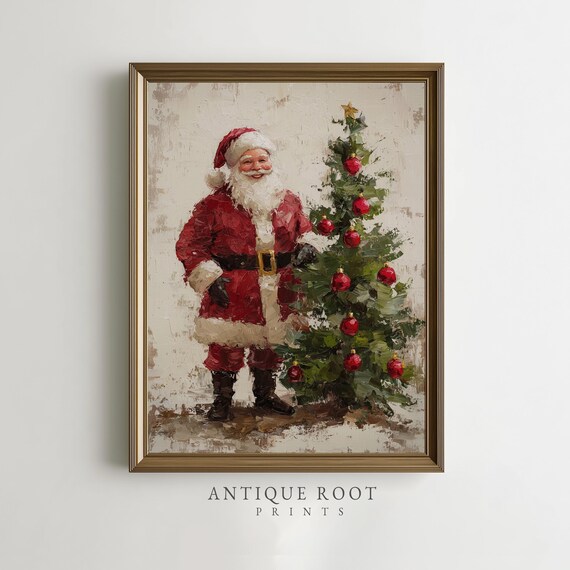 Santa Claus Beside Decorated Christmas Tree Vintage Art Print