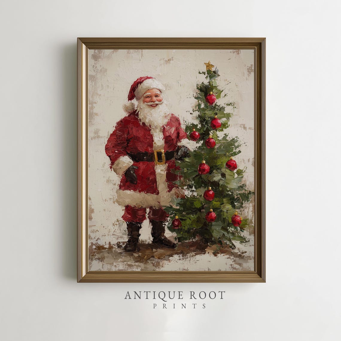 Santa Claus Beside Decorated Christmas Tree Vintage Art Print
