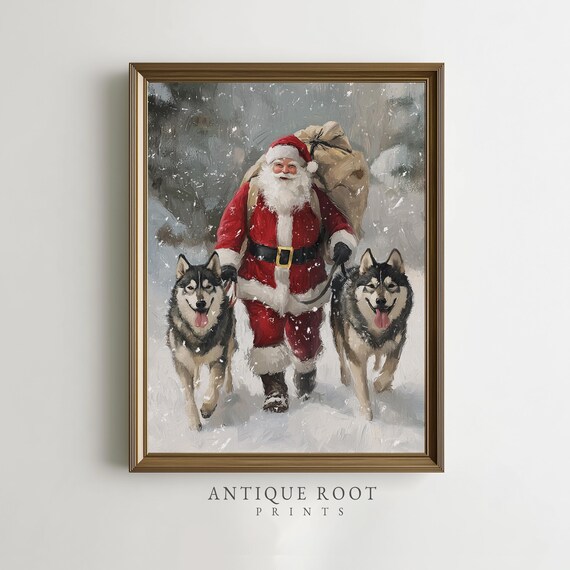 Santa Claus With Two Huskies Carrying a Toy Sack Christmas Poster
