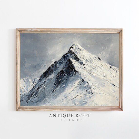 Moody Snowcovered Mountain Wall Art Winter Artwork Neutral Minimalist Poster Dramatic Landscape