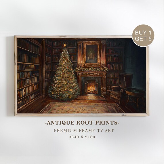 Vintage Christmas Tree Fireplace Cozy Library Holiday Night Frame Poster