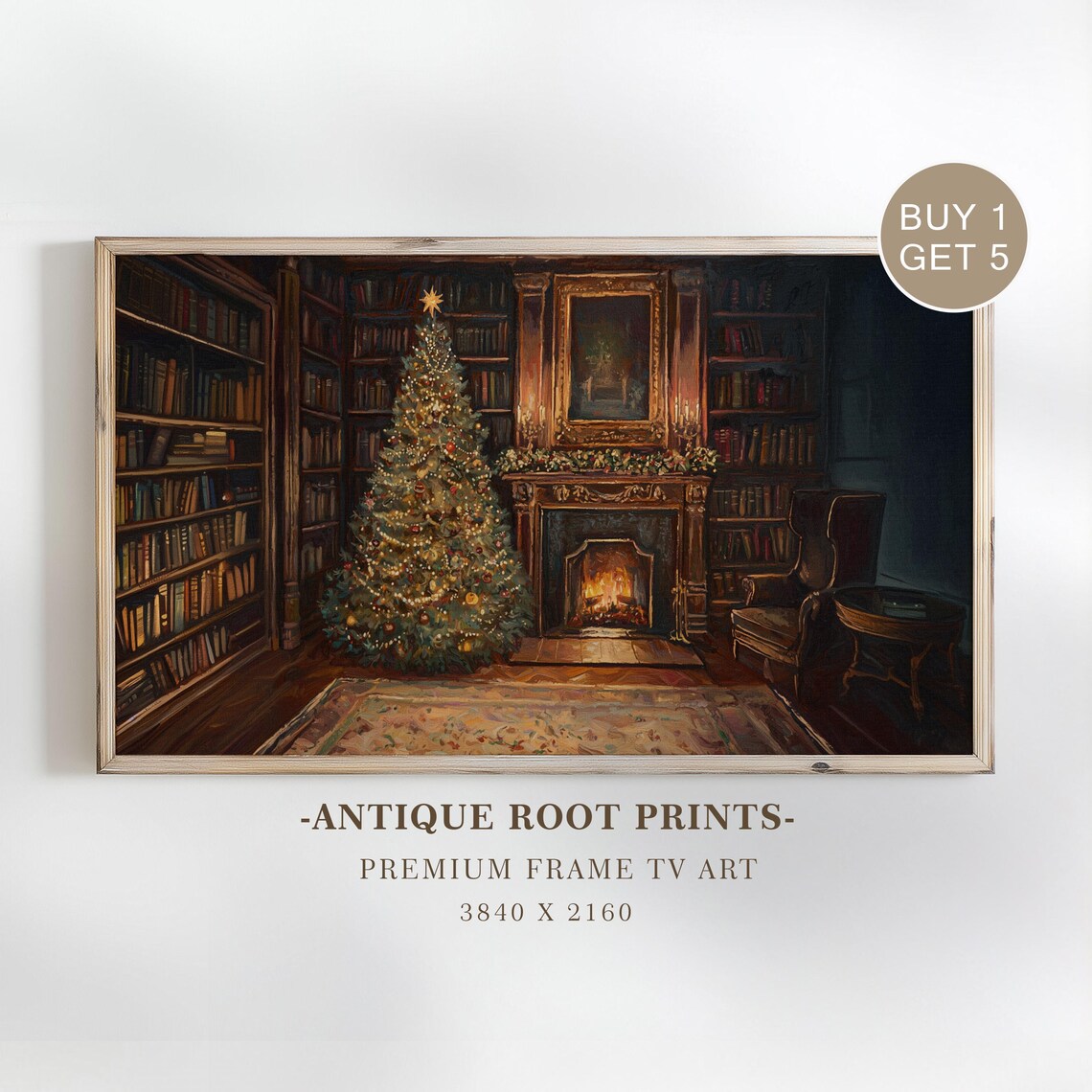 Vintage Christmas Tree Fireplace Cozy Library Holiday Night Frame Poster