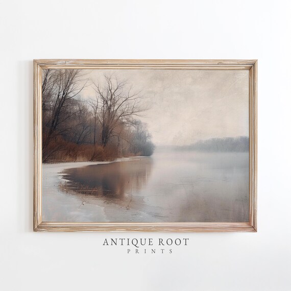 Winter Riverside Landscape Print Moody Vintageinspired Wall Art Neutral Serene Decor Minimalist Quiet River Scene