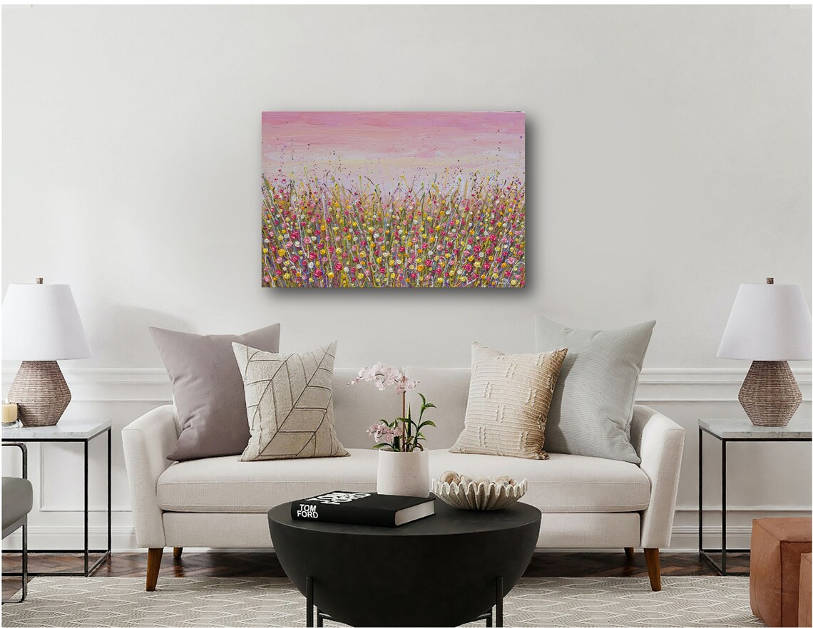 Pink Sky Wildflower Field Painting Vibrant Summer Blooms Wall Poster - Image 3
