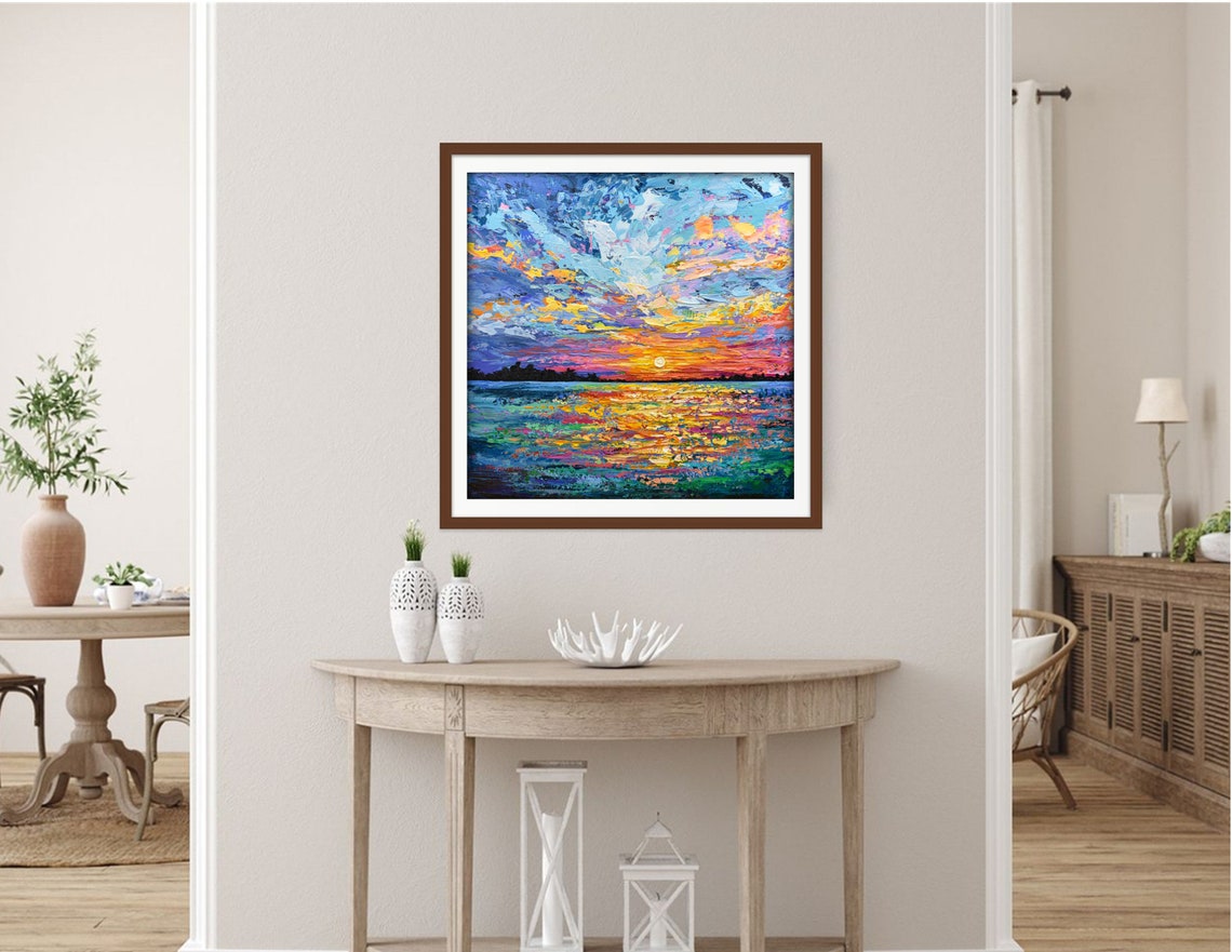 Ocean Sunset Painting Framed Square Golden Reflection Sky Art Poster - Image 3