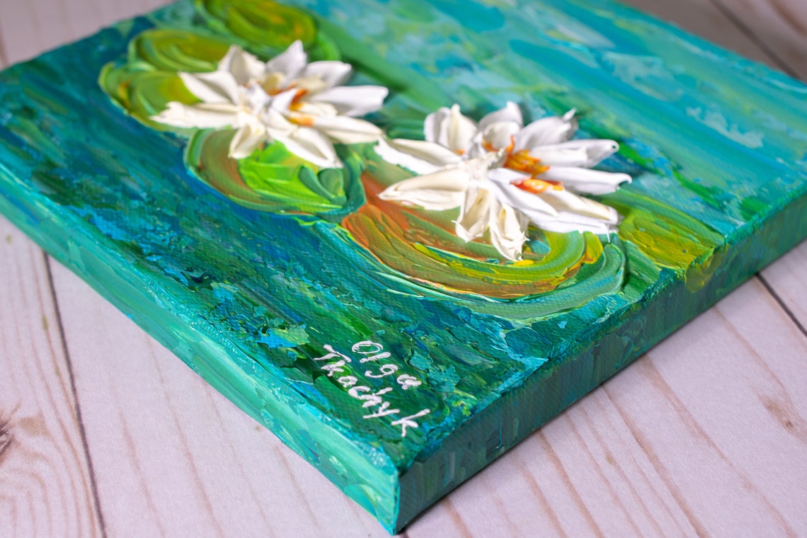 White Waterlilies Painting Pond Flowers Impasto Textured Art Poster - Image 3