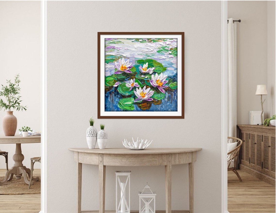 Water Lilies Print Of Impressionist Impasto Floral Painting Wall Art Dcor Gift For Her - Image 2