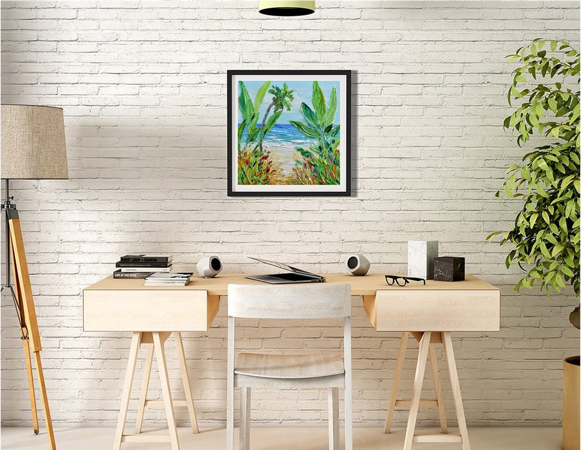 Coastal Print Beach Sand Palm Trees Wall Art Dcor Palette Knife Seascape Artwork Gift - Image 3