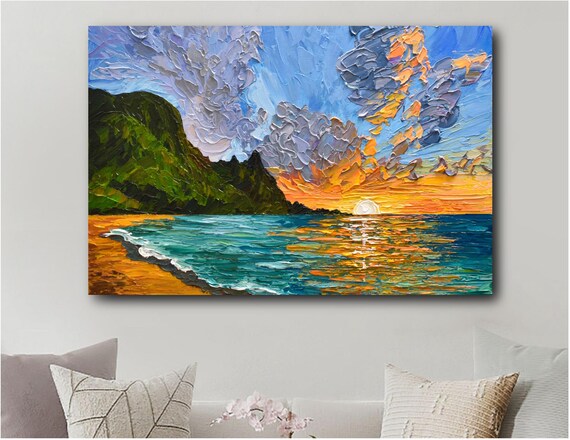 Lake Sunset Poster, Mountain Seascape Impressionist Art