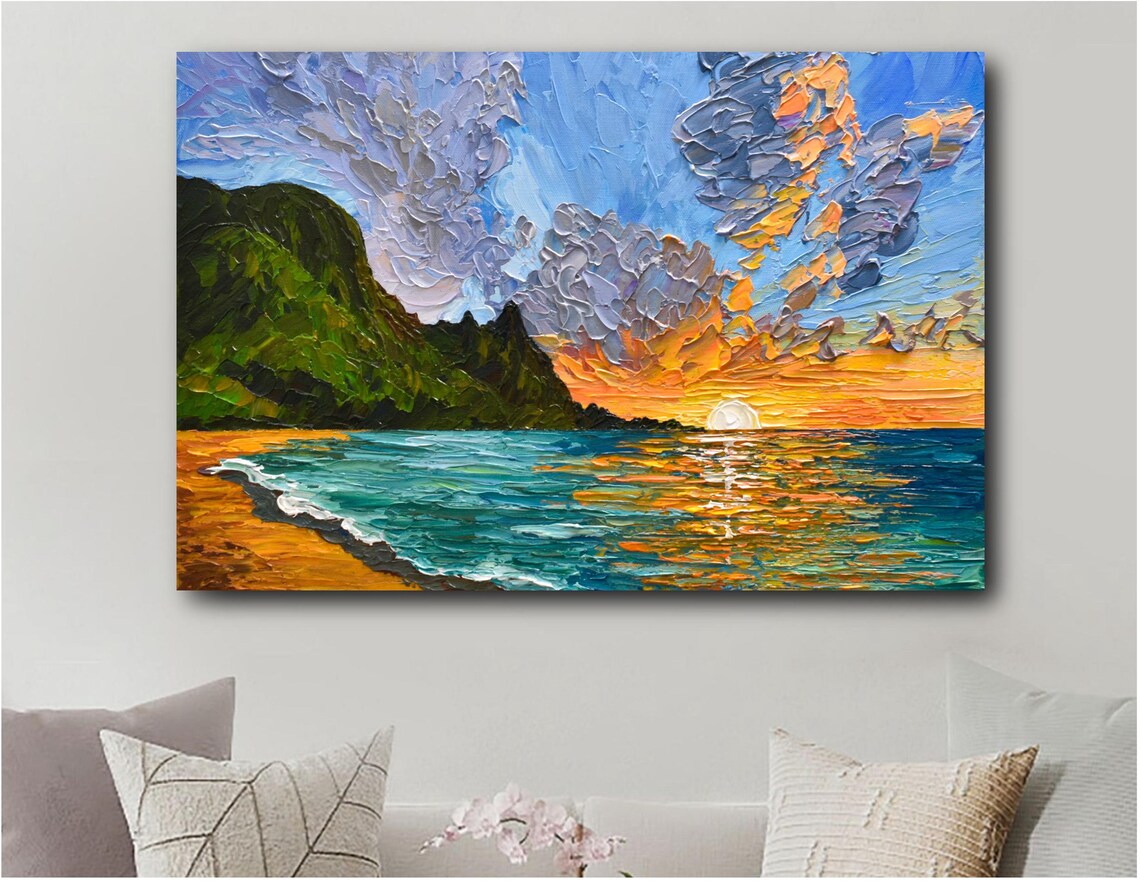 Lake Sunset Poster, Mountain Seascape Impressionist Art