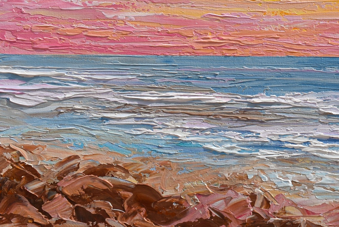 Pink Sunset Ocean Seascape Panoramic Orange Sky Palette Knife Poster - Image 3