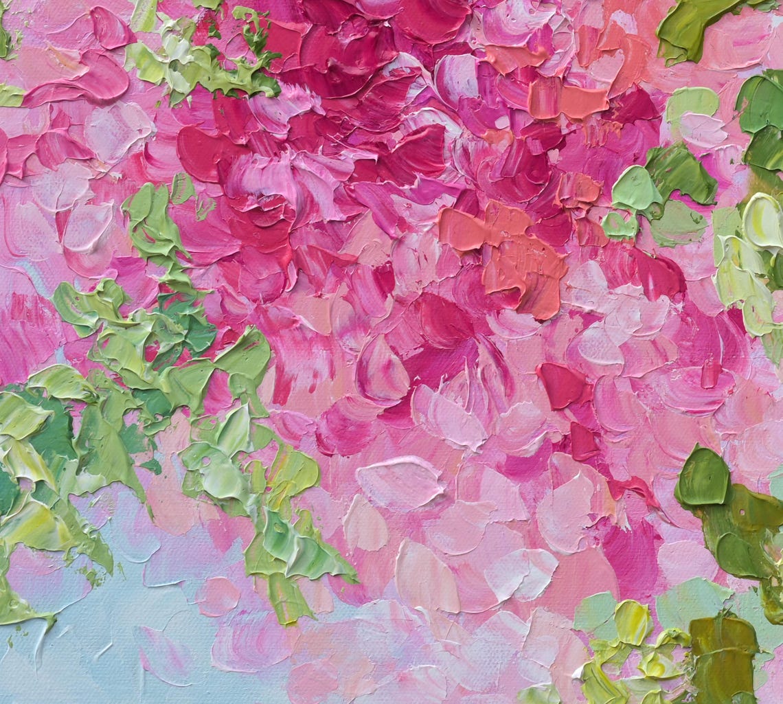Cherry Blossom Spring Painting Textured Pink Green Floral Wall Art - Image 2