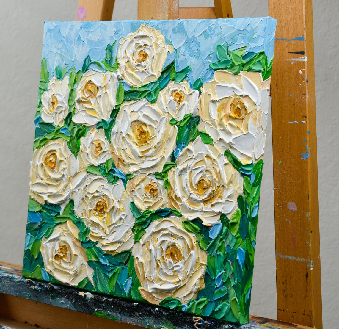 White Roses Painting Impasto Floral Cream Blooms Blue Sky Art Poster - Image 3