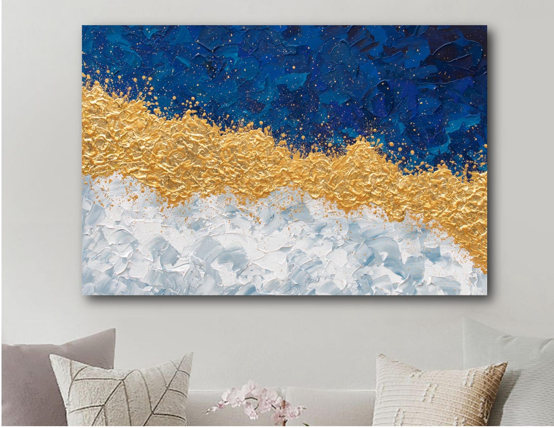 Navy Blue Gold Abstract Waves Textured Modern Impasto Wall Art Print