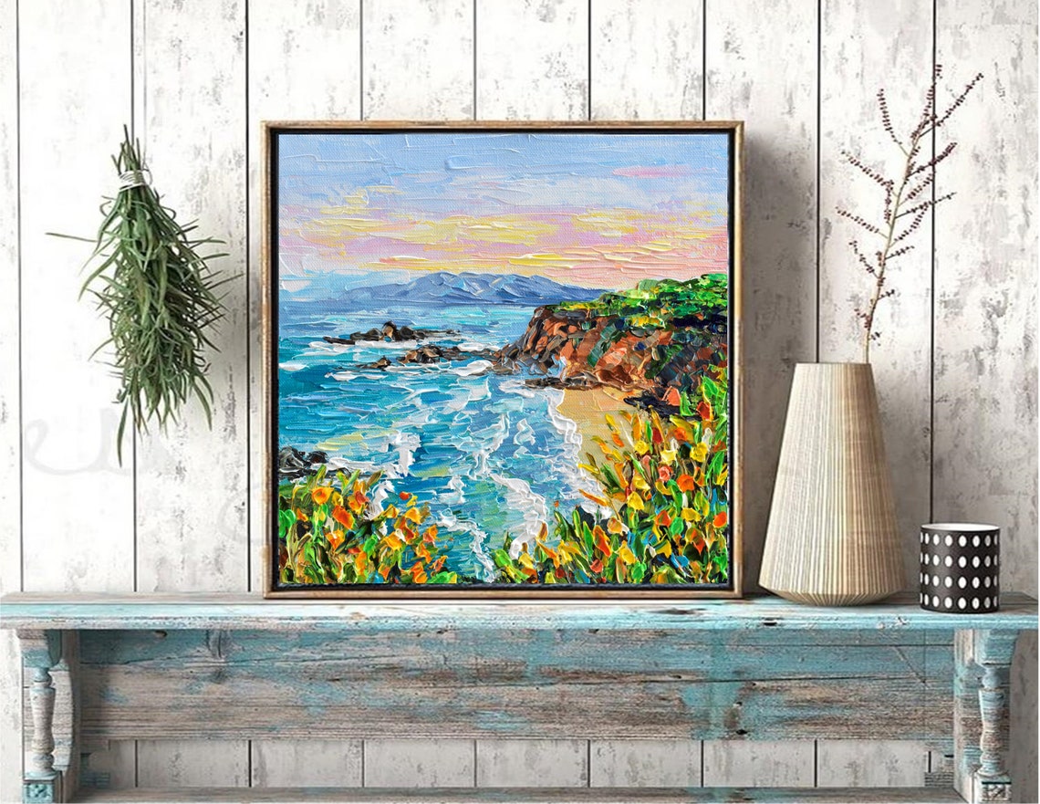 Rocky Coast Cliffs Ocean Waves Beach Impasto Seascape Painting Poster - Image 3