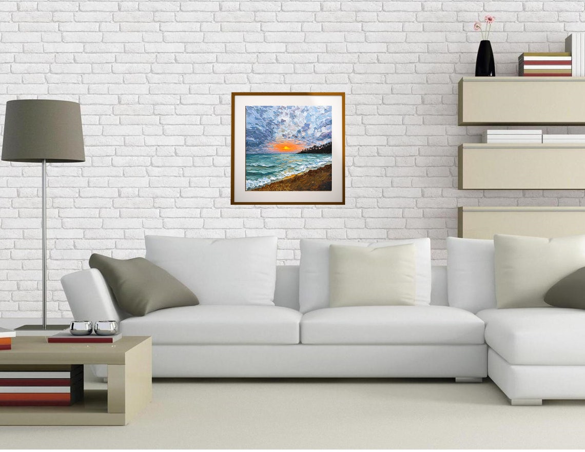 Beach Sunset Over Teal Ocean Cloudy Sky Foamy Waves Impasto Art Poster - Image 3