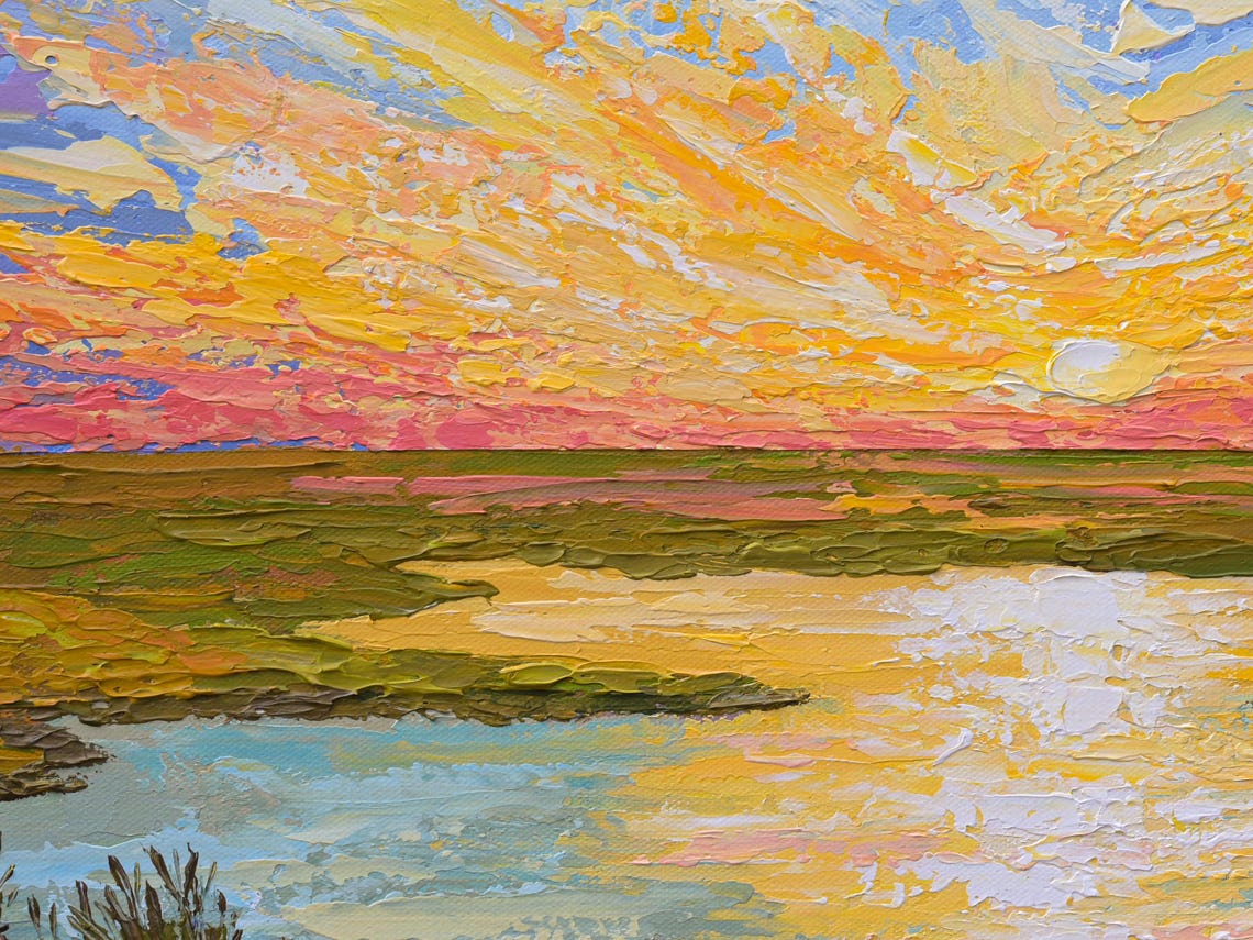Sunset Over Marsh Original Painting On Colorful Impressionism Acrylic Landscape Palette Knife Artwork - Image 2