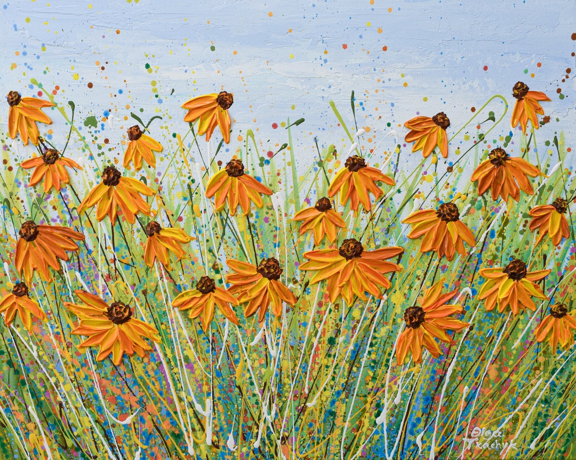 Orange Coneflower Meadow Brown Center Wildflower Impasto Art Print - Image 3