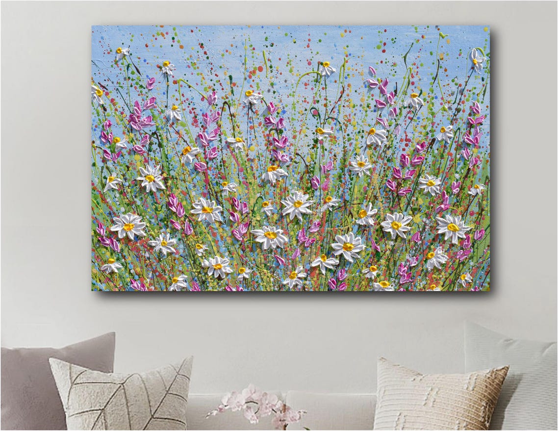 White Daisy Pink Wildflower Meadow Blue Sky Summer Impasto Art Print