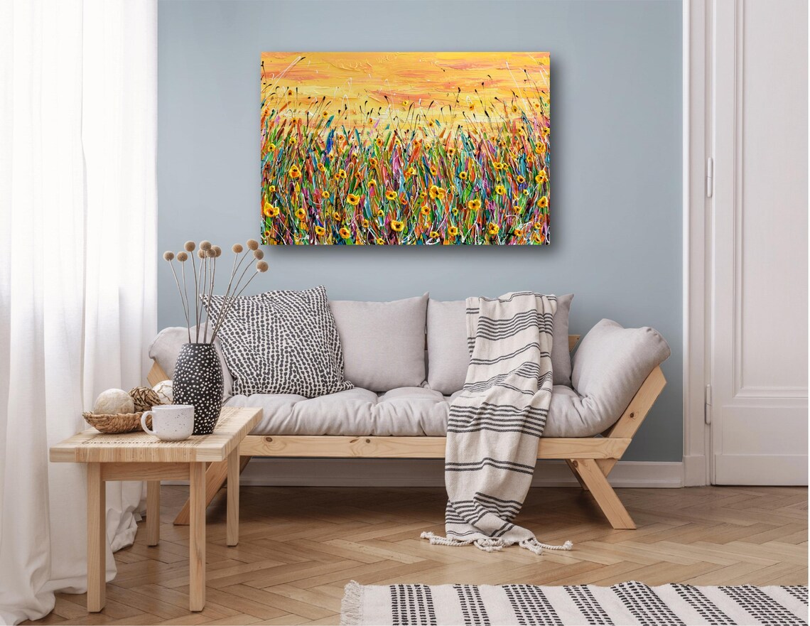 Yellow Flower Field Sunset Painting Warm Golden Meadow Blooms Poster