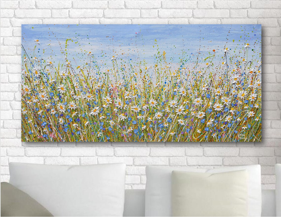 Daisies Wildflower Meadow Art Print, Floral Landscape