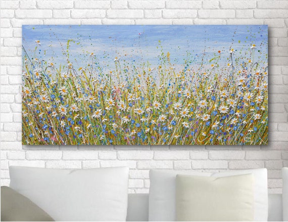 Daisies Wildflower Meadow Art Print, Floral Landscape