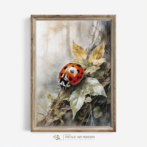 Ladybug on Leaves Watercolor Painting Vintage Style Insect Wall Art