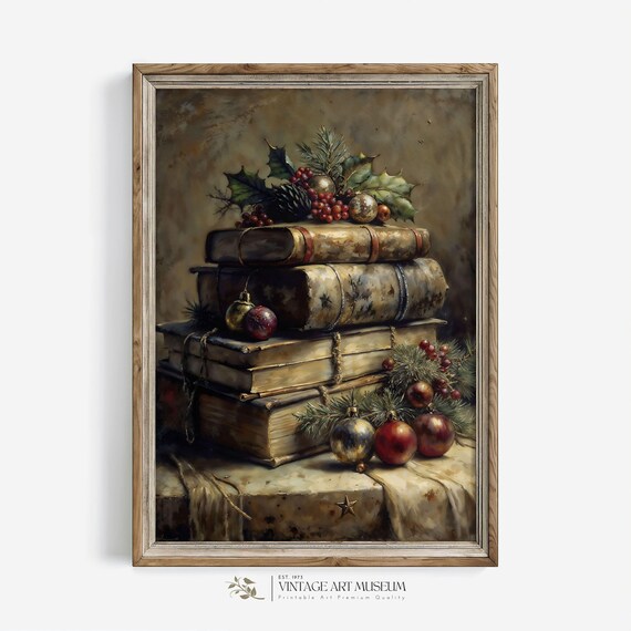 Stack Of Antique Books Christmas Art Print