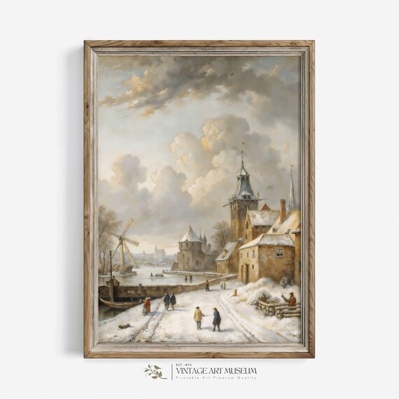 Snowy Dutch Winter Scene Windmill Canal And Church Vintage Art Poster