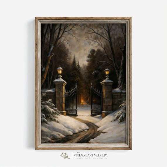 Evening Winter Park Print Snowy Dark Scene Wall Art In Warm Tones Vintage Style Painting Moody Cottagecore Decor 495
