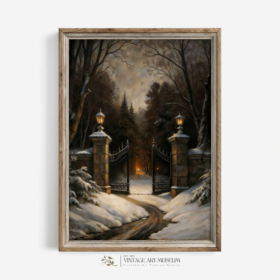 Wrought Iron Estate Gate With Lanterns in Snowy Woods at Dusk Poster